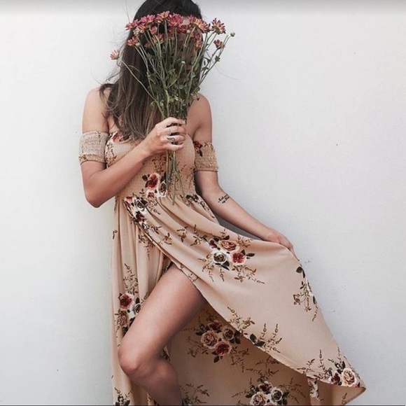Dresses & Skirts - FLOWERED TAN OFF-THE-SHOULDER MAXI DRESS SIZE L